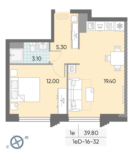 Продажа 1-комнатной квартиры 39,8 м², 32/58 этаж