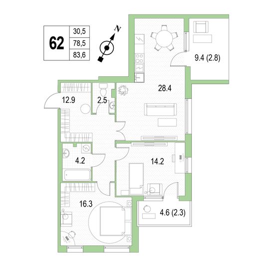 Продажа 2-комнатной квартиры 83,6 м², 3/4 этаж