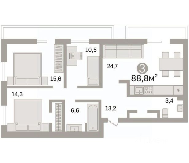 Продажа 3-комнатной квартиры 88,8 м², 14/14 этаж