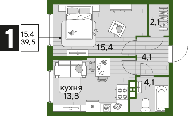 Продажа 1-комнатной квартиры 39,5 м², 4/19 этаж