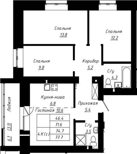 Продажа 4-комнатной квартиры 74,7 м², 1/10 этаж