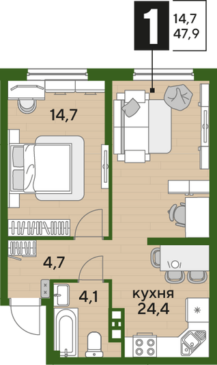 Продажа 1-комнатной квартиры 47,9 м², 3/19 этаж