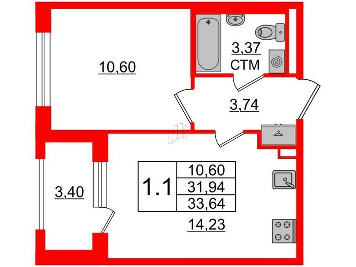 Продажа 1-комнатной квартиры 31,9 м², 2/4 этаж