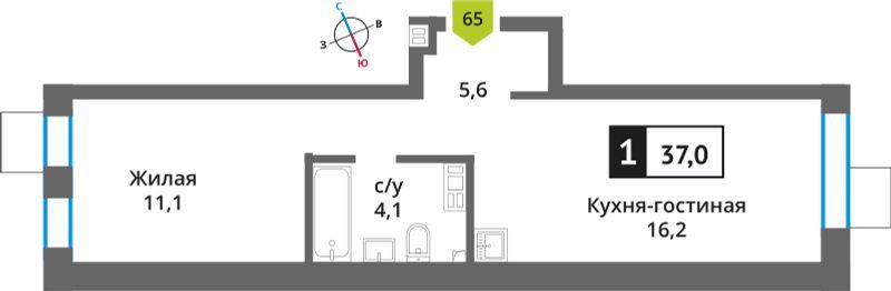 Продажа 1-комнатной квартиры 37 м², 8/9 этаж