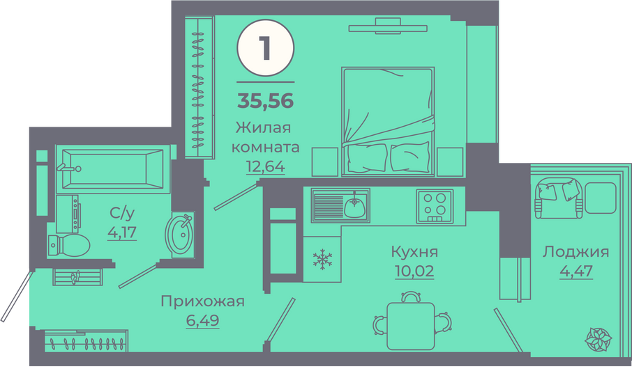 Продажа 1-комнатной квартиры 35,9 м², 3/25 этаж