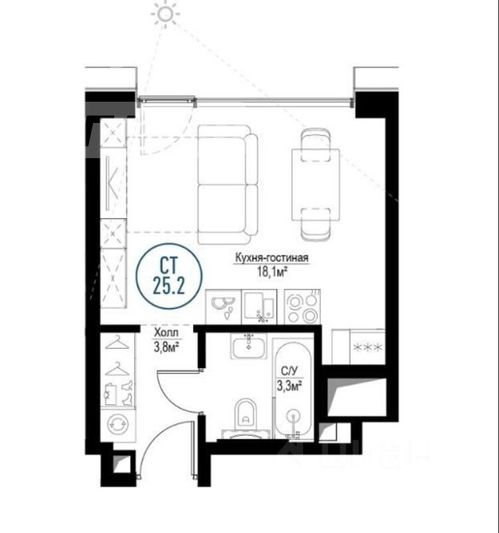 Продажа 1-комнатной квартиры 25,2 м², 5/30 этаж