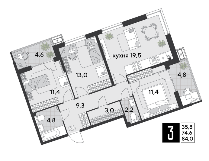 Продажа 3-комнатной квартиры 84 м², 2/18 этаж