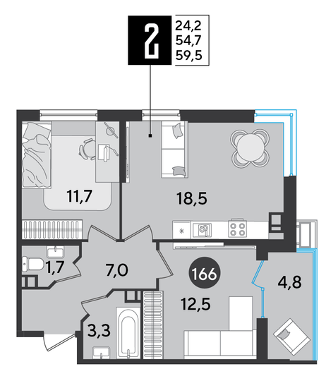 Продажа 2-комнатной квартиры 59,5 м², 3/9 этаж