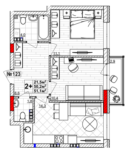 Продажа 2-комнатной квартиры 51,1 м², 3/4 этаж