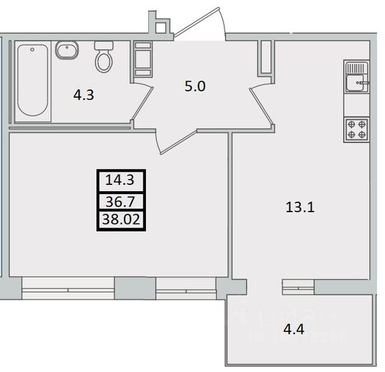 Продажа 1-комнатной квартиры 38 м², 4/14 этаж
