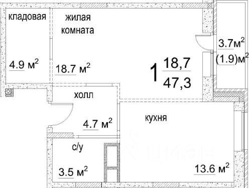 Продажа квартиры со свободной планировкой 47 м², 5/8 этаж