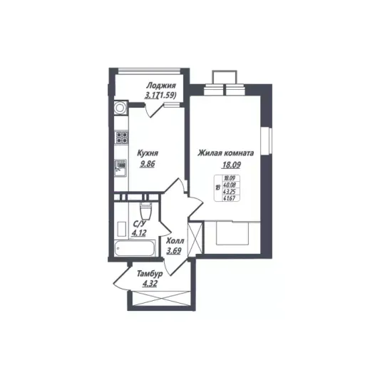 Продажа 1-комнатной квартиры 41,7 м², 8/8 этаж