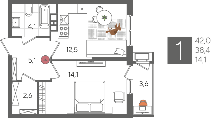 Продажа 1-комнатной квартиры 42 м², 9/24 этаж