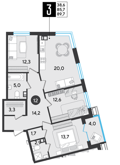 Продажа 3-комнатной квартиры 89,7 м², 3/16 этаж