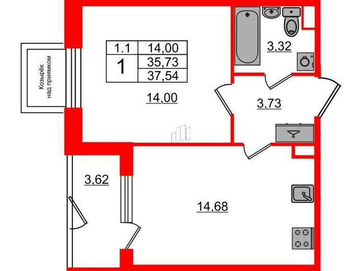 Продажа 1-комнатной квартиры 35,7 м², 1/5 этаж