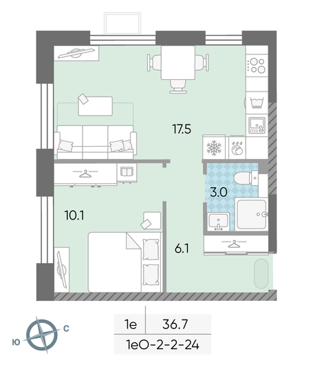 Продажа 1-комнатной квартиры 36,7 м², 13/24 этаж