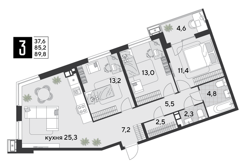 Продажа 3-комнатной квартиры 89,8 м², 4/18 этаж