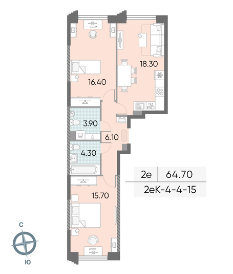 Продажа 2-комнатной квартиры 64,7 м², 15/58 этаж