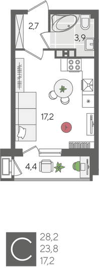 Продажа квартиры-студии 28,2 м², 7/24 этаж