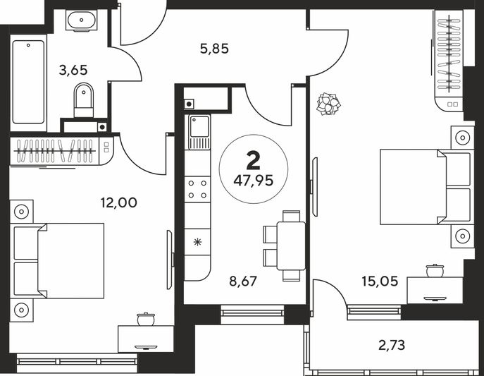 Продажа 2-комнатной квартиры 48 м², 11 этаж