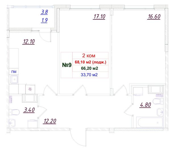 Продажа 2-комнатной квартиры 66,2 м², 2/11 этаж
