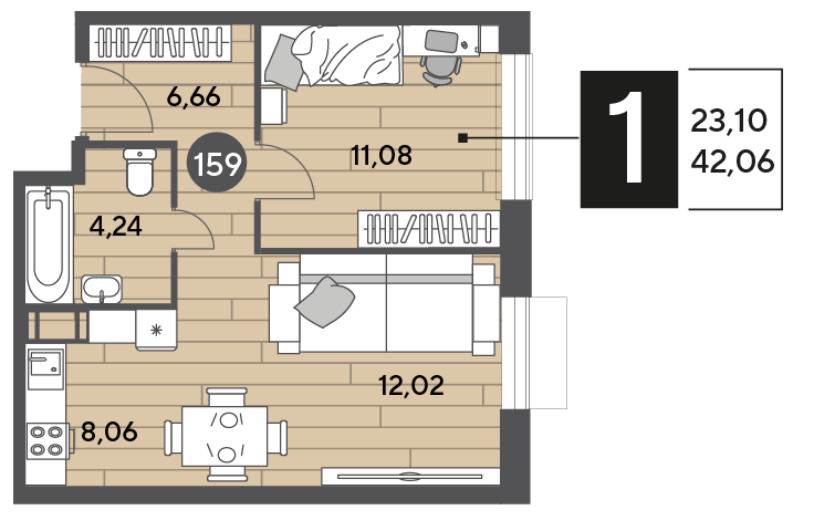 Продажа 1-комнатной квартиры 42,1 м², 7/15 этаж