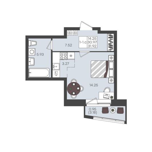 Продажа 1-комнатной квартиры 31,9 м², 3/22 этаж