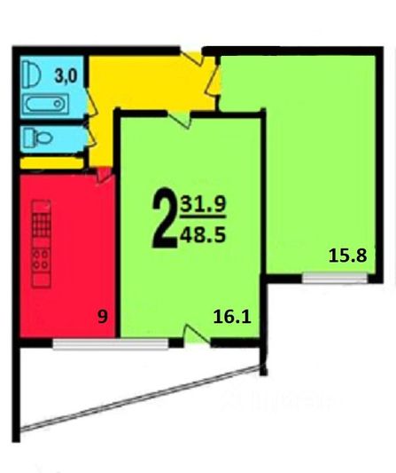 Продажа 2-комнатной квартиры 48,5 м², 6/12 этаж