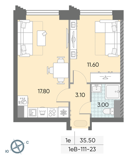 Продажа 1-комнатной квартиры 35,5 м², 23/58 этаж