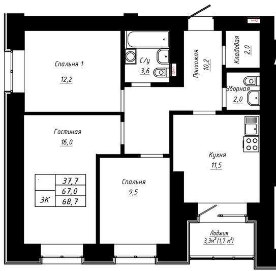 Продажа 3-комнатной квартиры 68,7 м², 4/16 этаж