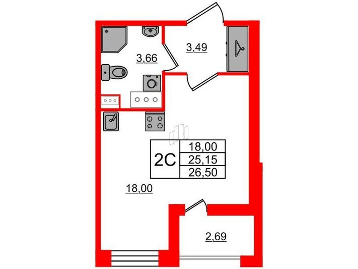 Продажа квартиры-студии 25,1 м², 12/12 этаж