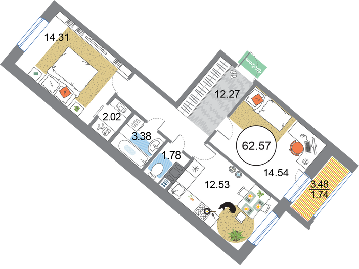 Продажа 2-комнатной квартиры 62,6 м², 11/12 этаж