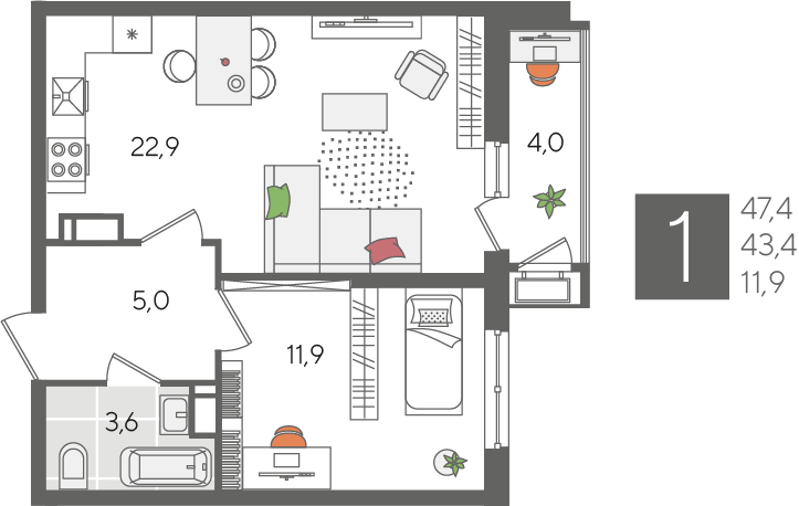 Продажа 1-комнатной квартиры 47,4 м², 11/24 этаж