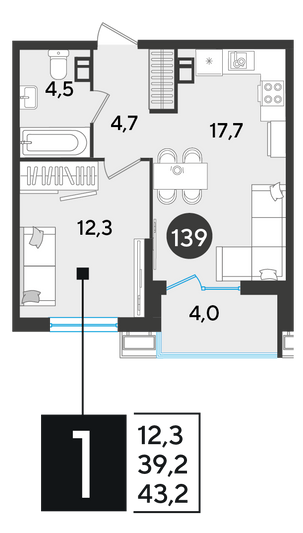 Продажа 1-комнатной квартиры 43,2 м², 9/18 этаж