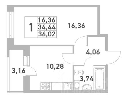 Продажа 1-комнатной квартиры 36 м², 3/13 этаж
