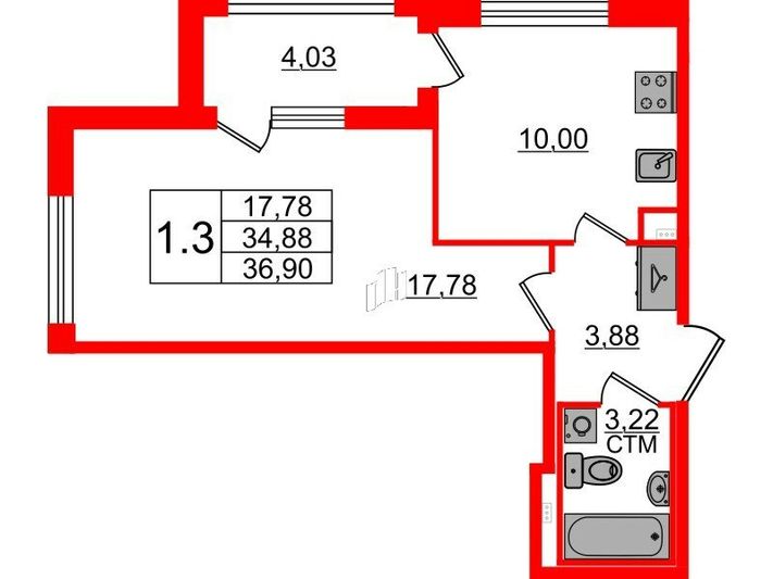Продажа 1-комнатной квартиры 34,9 м², 2/4 этаж