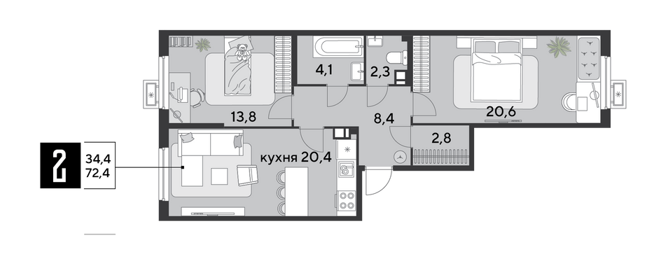 Продажа 2-комнатной квартиры 72,4 м², 5/18 этаж