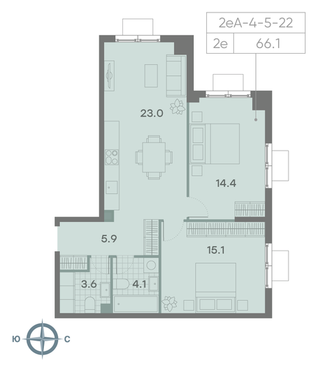 Продажа 2-комнатной квартиры 66,1 м², 5/23 этаж