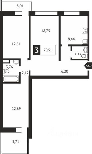 Продажа 3-комнатной квартиры 69,6 м², 5/16 этаж