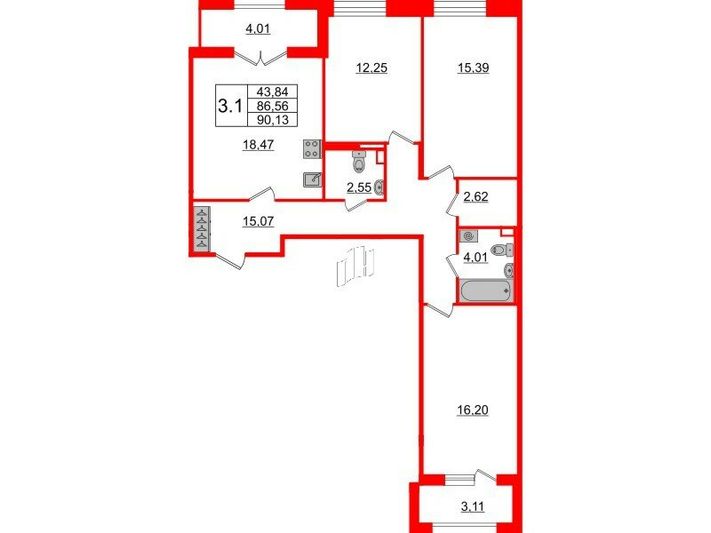 Продажа 3-комнатной квартиры 86,6 м², 2/12 этаж