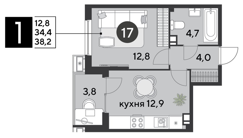 Продажа 1-комнатной квартиры 38,2 м², 3/18 этаж