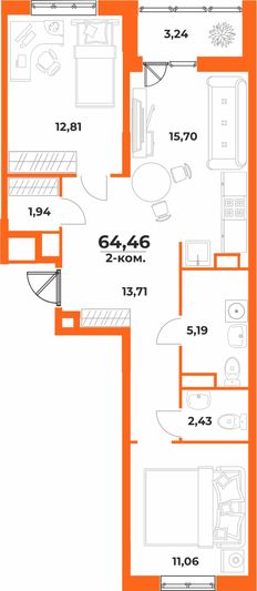 Продажа 2-комнатной квартиры 64,5 м², 4/10 этаж
