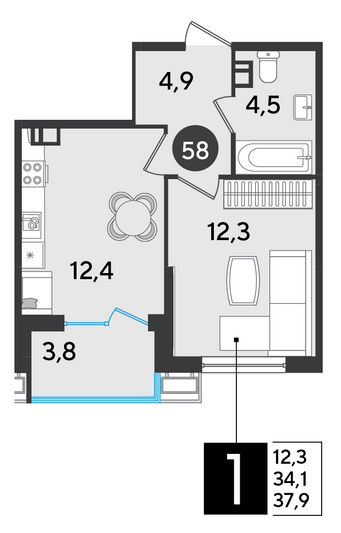 Продажа 1-комнатной квартиры 37,9 м², 8/9 этаж