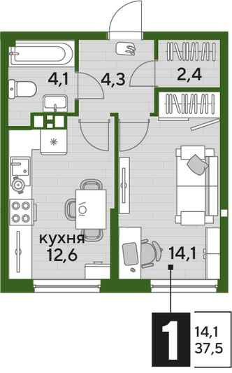 Продажа 1-комнатной квартиры 37,5 м², 3/16 этаж