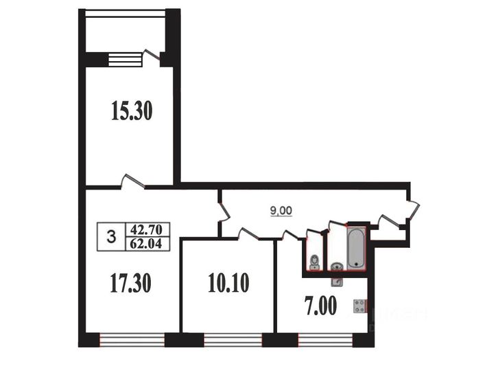 Продажа 3-комнатной квартиры 62 м², 2/9 этаж