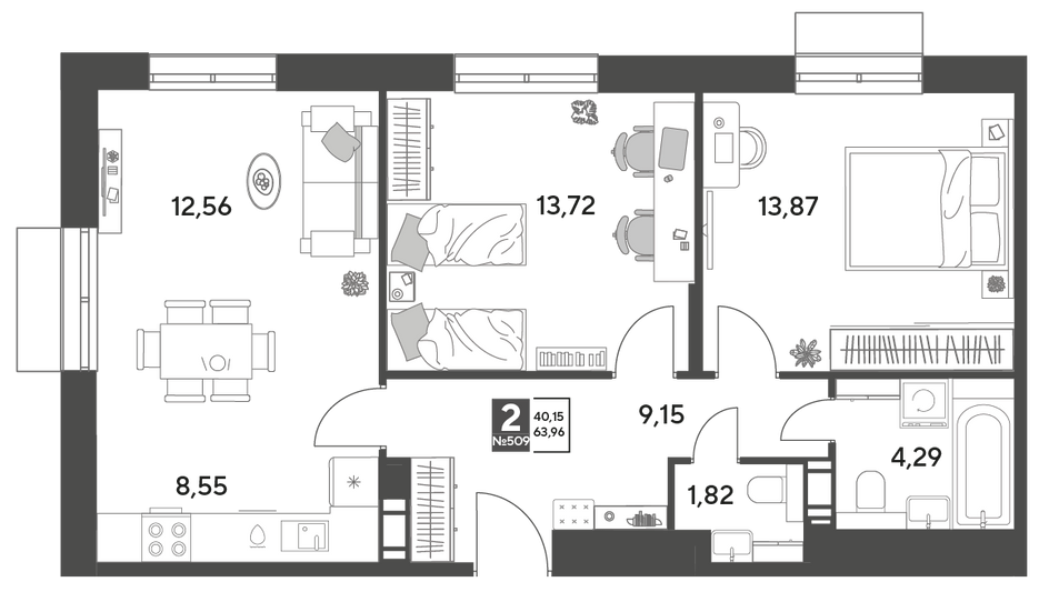 Продажа 2-комнатной квартиры 64 м², 8/15 этаж