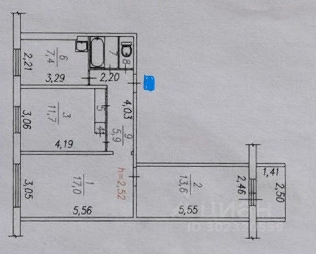 Продажа 3-комнатной квартиры 60 м², 1/9 этаж