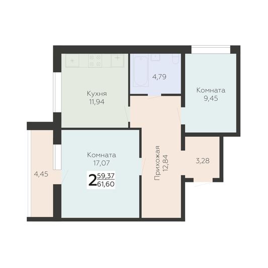 Продажа 2-комнатной квартиры 61,6 м², 3/11 этаж