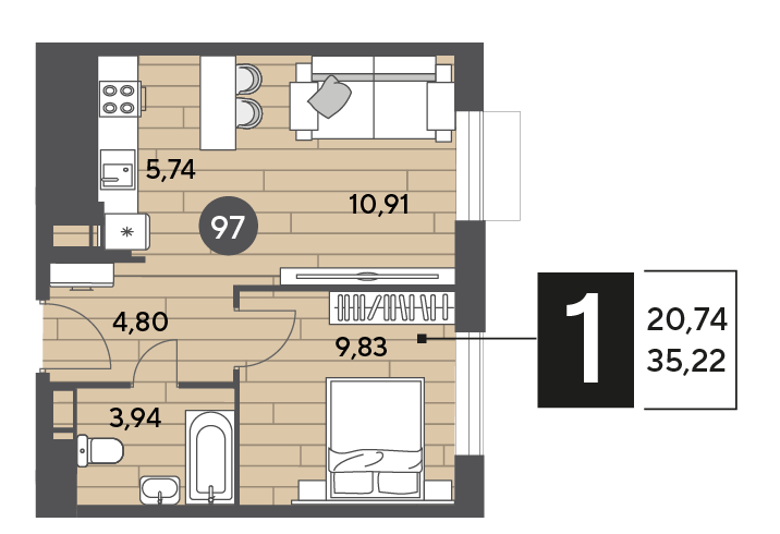 Продажа 1-комнатной квартиры 35,2 м², 2/15 этаж