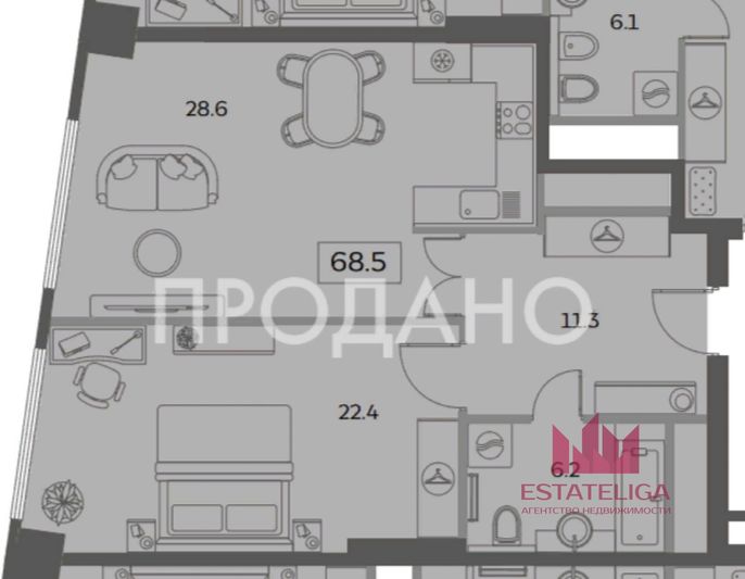 Продажа 2-комнатной квартиры 68,5 м², 24/29 этаж